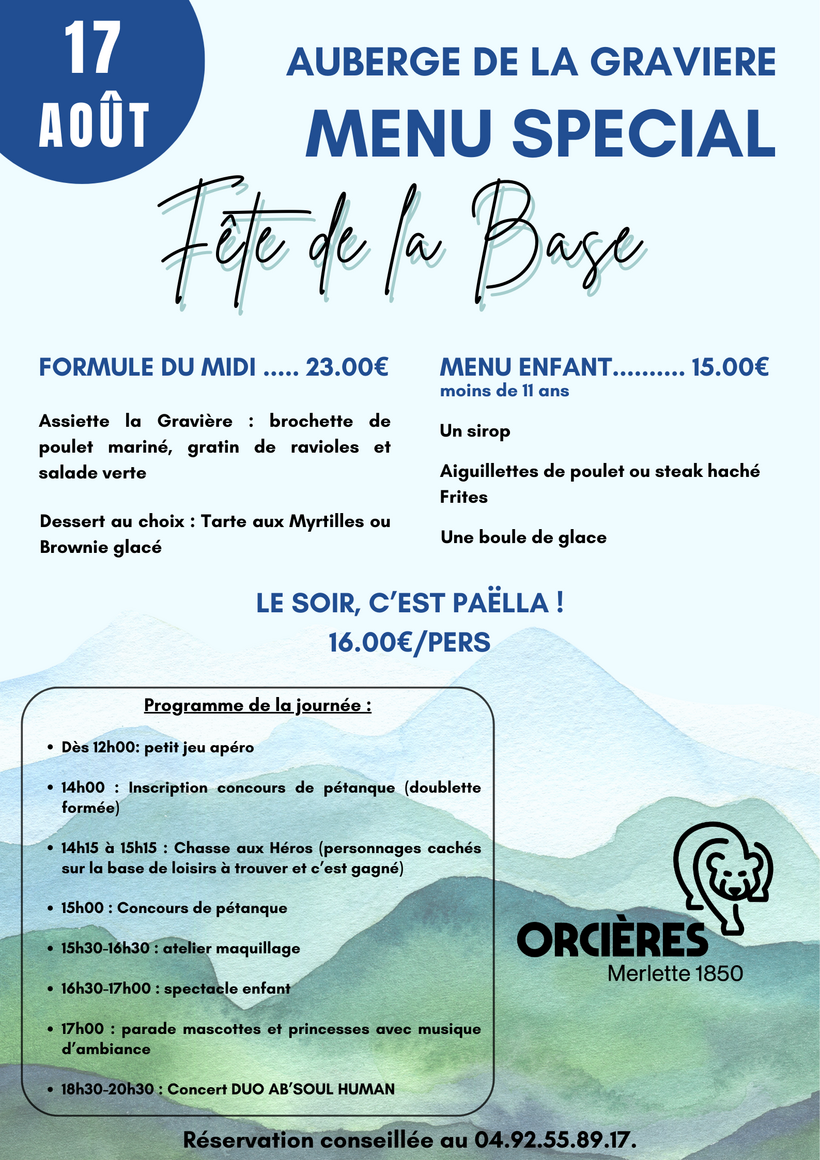 Menu fête de la Base de Loisirs d'Orcières_Orcières